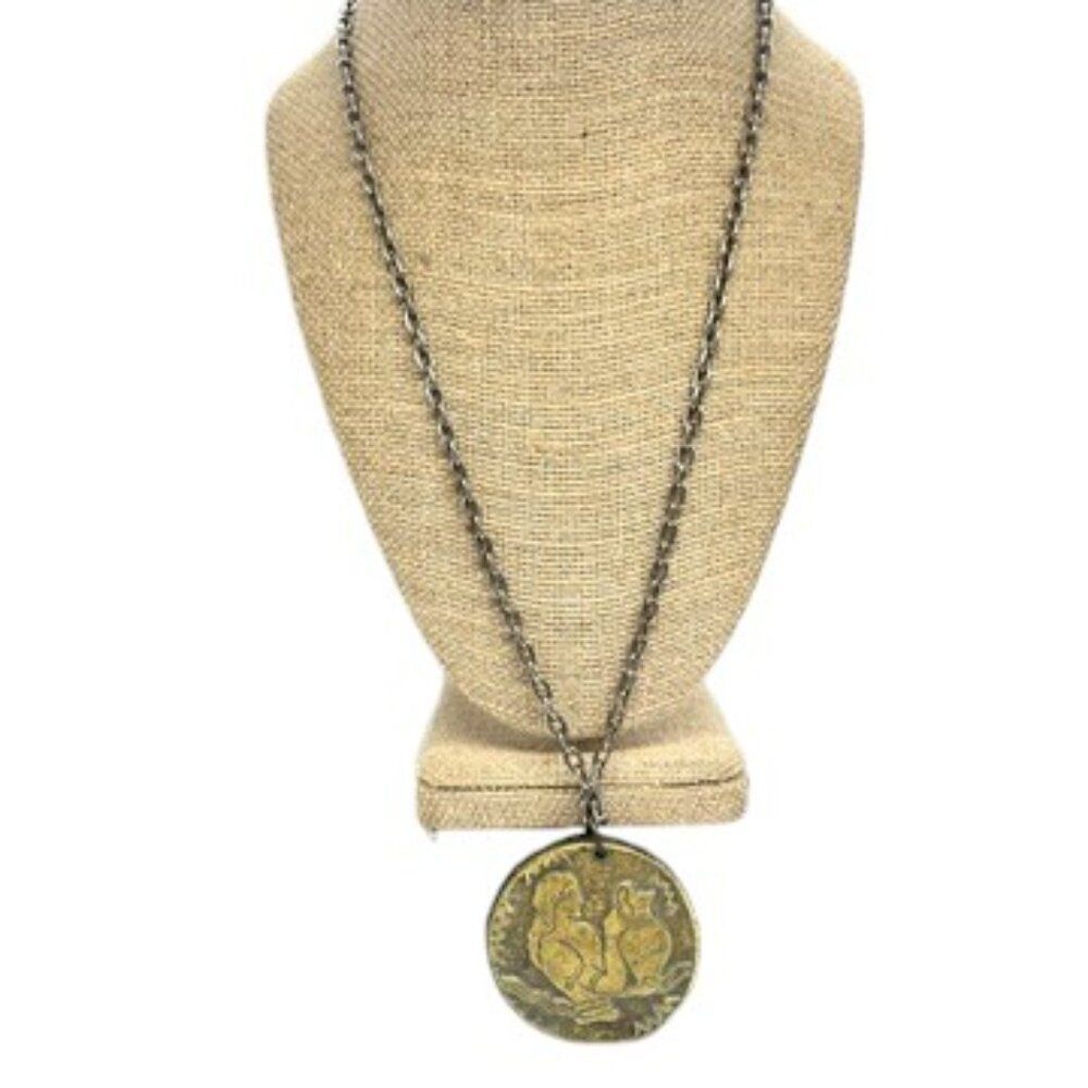 VINTAGE MEDALLION NECKLACE Brass Ancient Coin Mythology Boho Statement